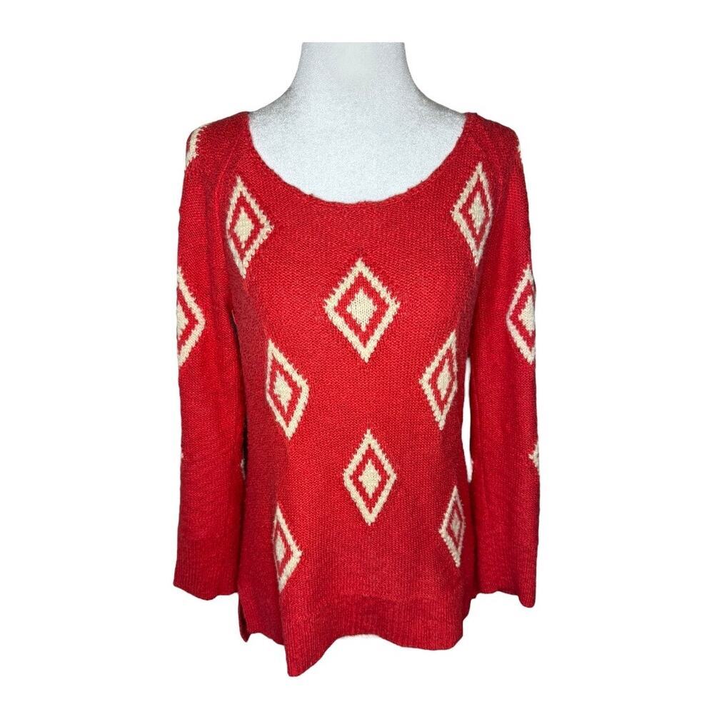 Lucky‎ Brand Women's Red Coral Argyle Pullover Sweater Size Small